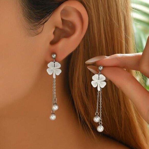 Four Leaf Clover Drop Earrings with Pearl Dangles | Sterling Silver - Picture 1 of 2